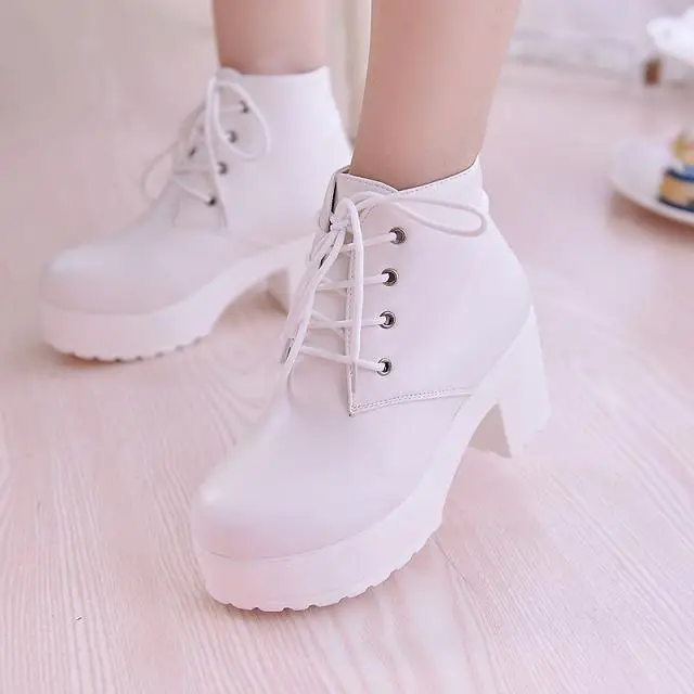 

2018 Autumn New Style Chunky-Heel Lace-up Short Boots round-Toe High Heel Martin Boots Foreign Trade Large Size 35-45 Code Shoes