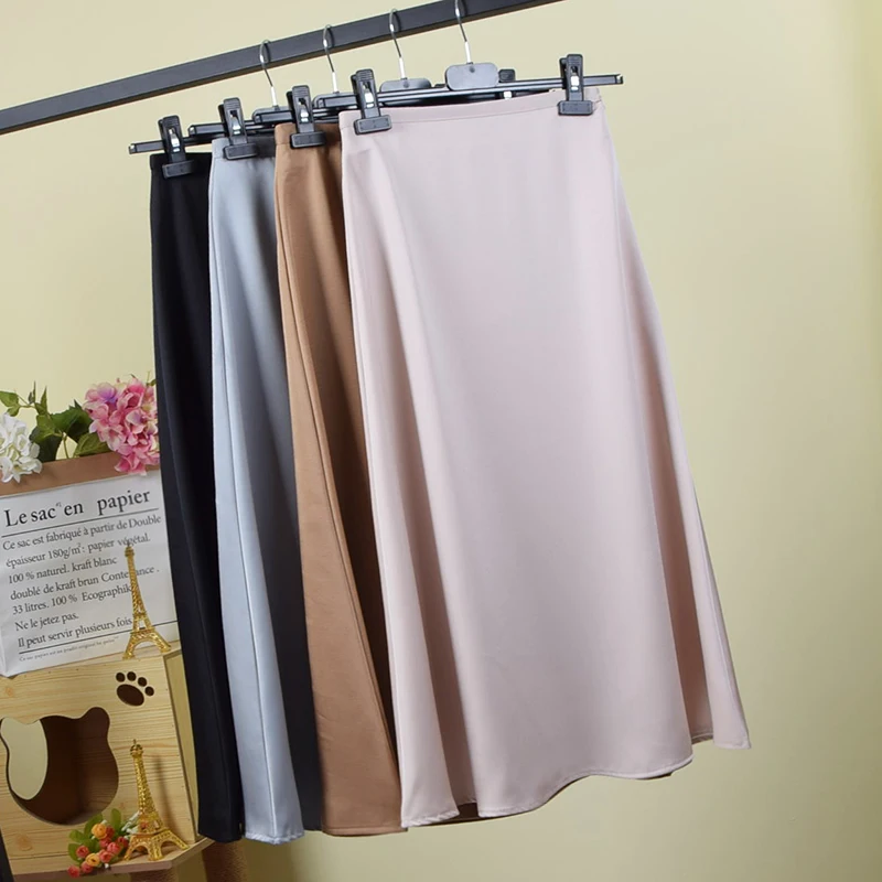 

Spring Autumn Temperament Elegant Thin A-Line Long Skirt High Waist Satin Fishtail Skirt Women