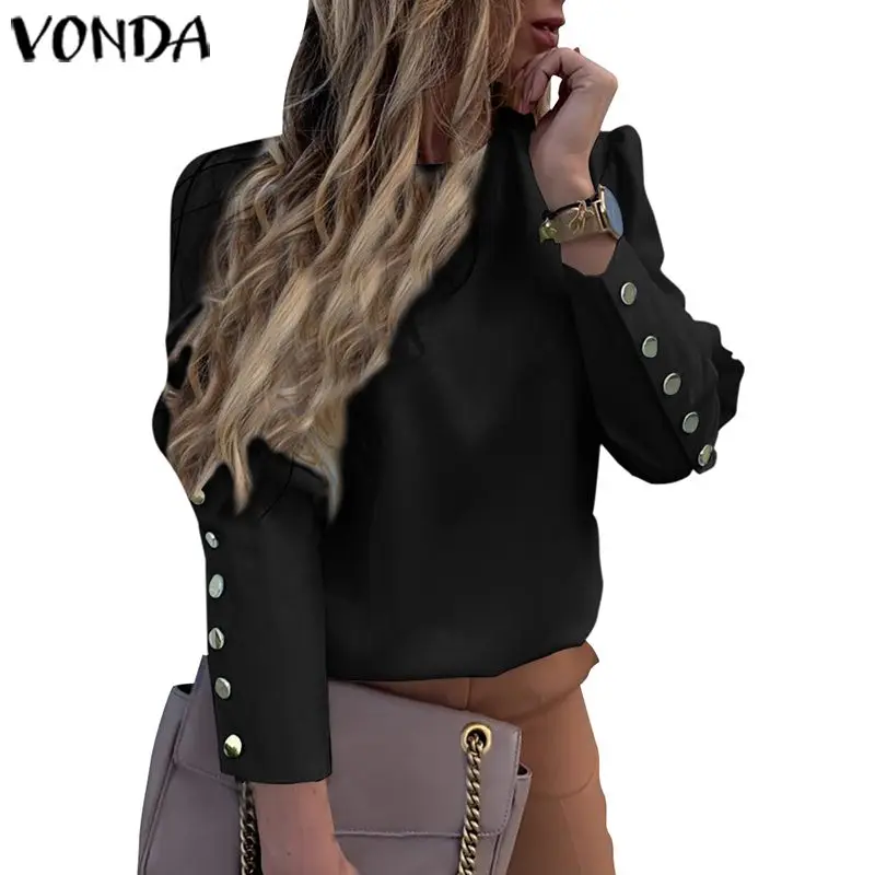Черный Осенняя Блуза для беременных VONDA повседневные однотонные богемные рубашки с длинными рукавами и круглым вырезом вечерние блузки для беременных женские белые топы - Цвет: Черный