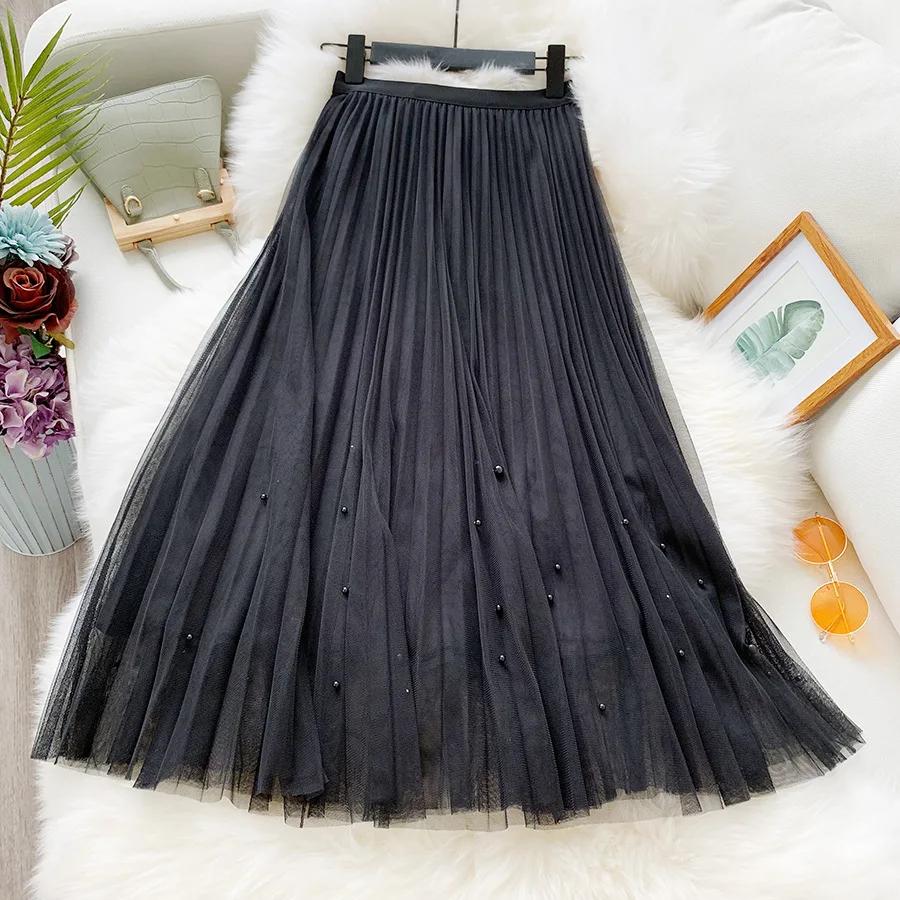 Женская сетчатая Тюлевая юбка WF0009 с бисером Корейская женская черная розовая синяя абрикосовая длинная Плиссированная юбка