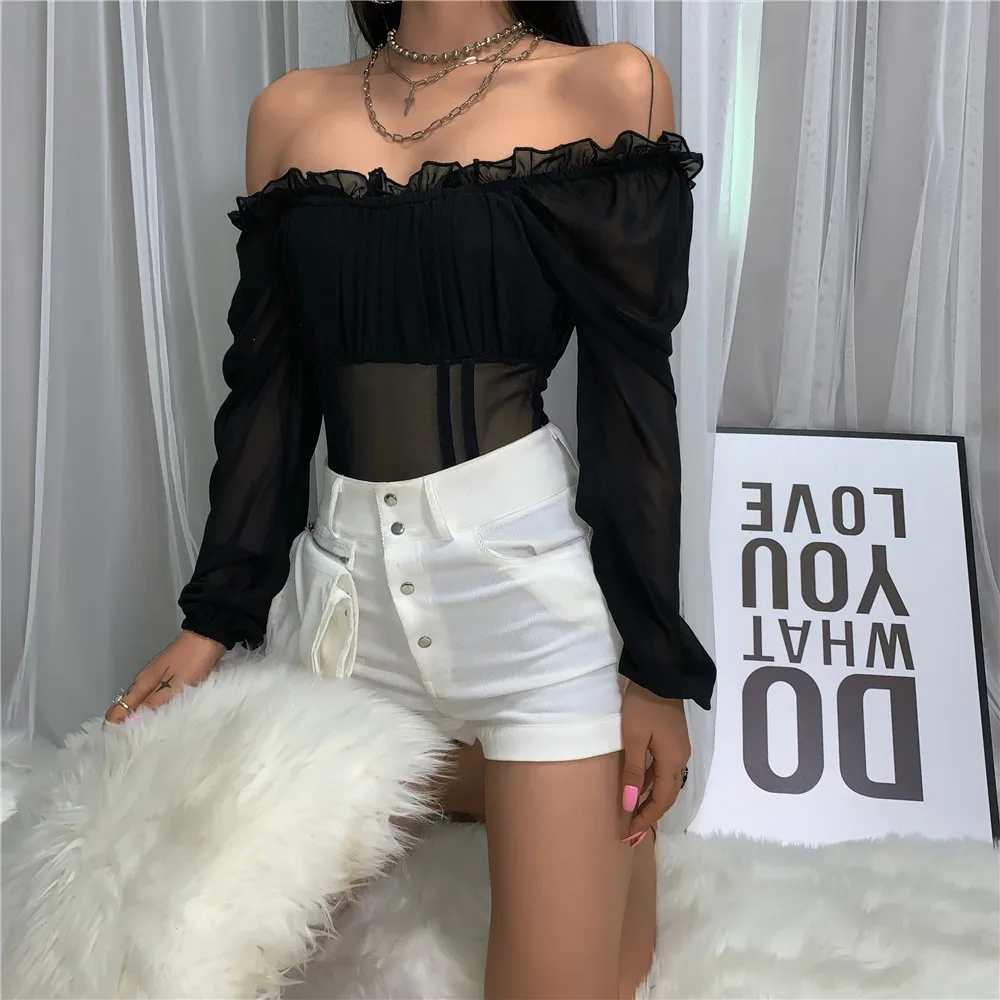 Women Bodysuit Bodycon Jumpsuit Romper Leotard Long Sleeve Ruffles Mesh Patchwork See Through  Tops Playsuit