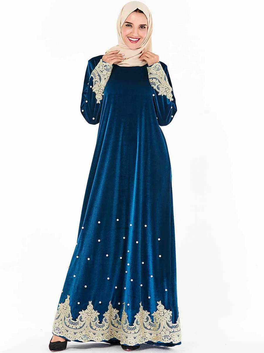 Мусульманские женщины вышивка абайя, кафтан платье-макси ислам случайные Дубай Вечерние Арабские Jilbab платье бархат карманы с длинным рукавом платье