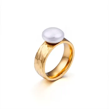 

6mm Width Finger Rings For Women Girl Engagement Stainless Steel Gold Color Gold Imitation Pearl Wedding Collier Mujer Gif