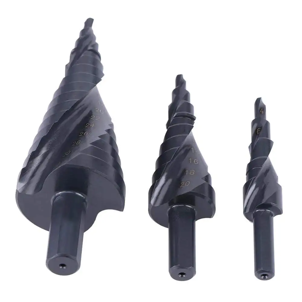 3pcs HSS Titanium Coated Step Drill Bit High Speed Steel Cobalt Nitriding Spiral Metal Drill Bit Triangle Shank For Wood Metal