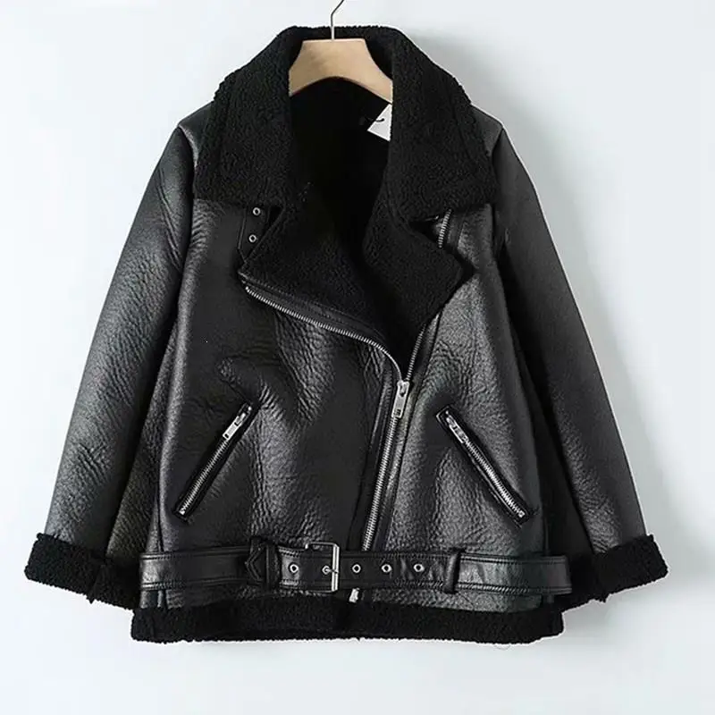 

Women Beige Fur Faux Leather Jacket Coats Pockets With Belt Turn Down Collar Ladies 2019 Winter Thick Warm Oversized Coats