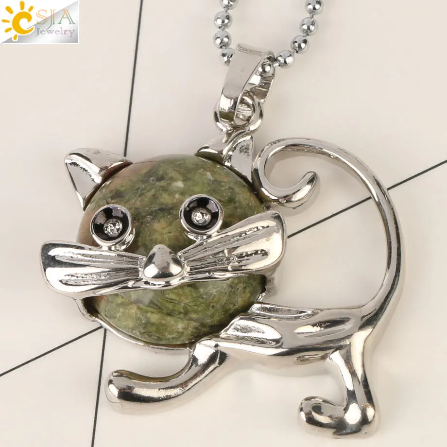 Unakite Chain Csja милое животное, кошка Медальон натуральный камень фиолетовый кристалл розовый с кварцевым тигровым глазом целебные ювелирные изделия для женщин девочек Ожерелья G240 - Окраска металла: Unakite Chain