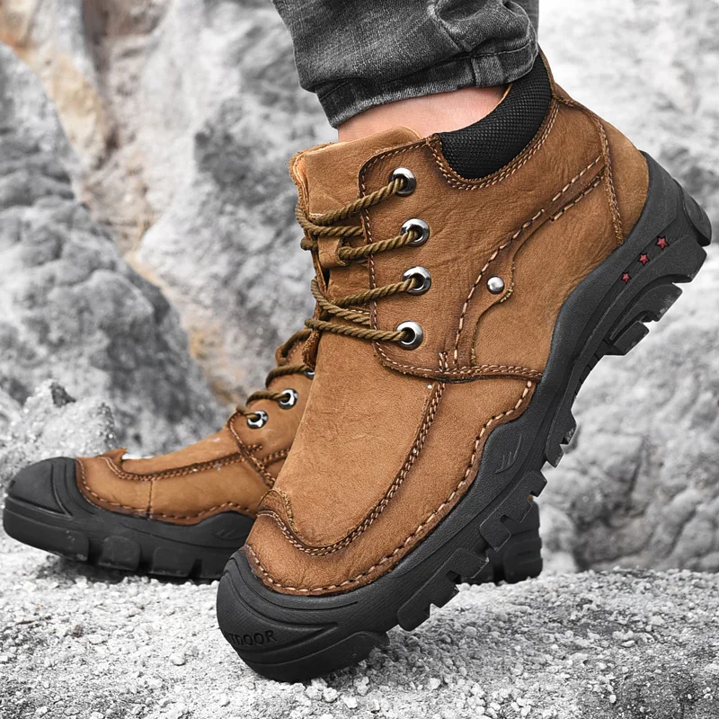 

Mens Hiking Shoes Retro Tactical Boots Genuine Leather Outdoor Sport Shoes Trekking Hunting Boot Men's Plush Winter Snow Sneaker