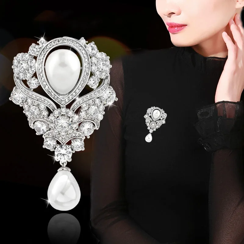 

White gold plated Cz micro White pearl brooch