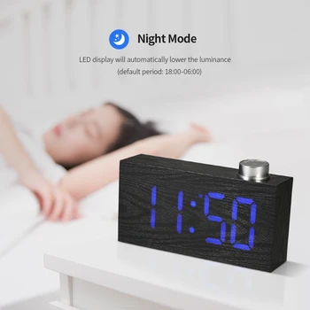 

Wooden Digital Alarm Clock USB Powered 12H/24H Thermometer LED Display Rotating Knob Adjustable Luminance Alarm Snooze Function