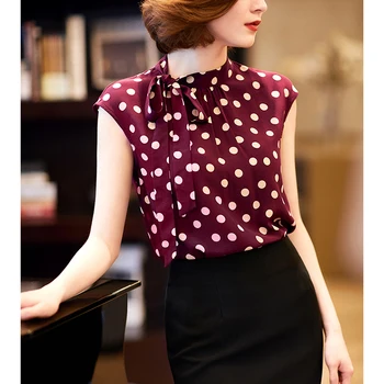 

2020 summer new polka dot chiffon women blouse bow neck sleeveless slim office lady elegant wine red fashion pulls tops