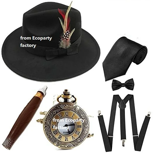 1920s мужской костюм Гэтсби аксессуары, манхэттенская фетровая шляпа с перьями, винтажные карманные часы, подтяжки, предварительно завязанный Галстук-бабочка Coldker