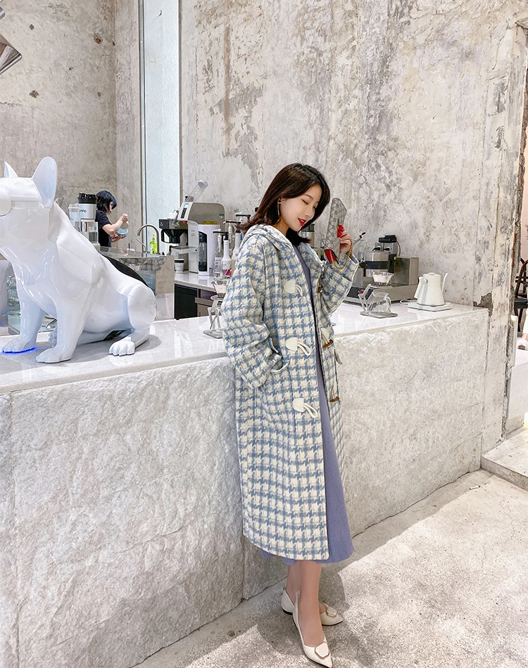 Abrigos Mujer Invierno корейское стильное шикарное повседневное клетчатое зимнее шерстяное пальто с капюшоном женское модное длинное пальто