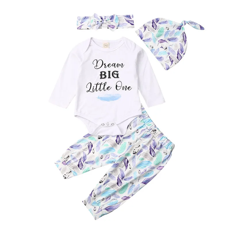 Spring Autumn Newborn Kid Baby Boy Girl Letter Romper Tops+Pants+Hat+Headband 4PCS Outfits Set - Color: Lavender