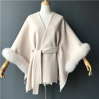 Cream White MAOMAOFUR кашемировое пальто воротник из натурального Лисьего меха манжета высокого качества плащ Женская негабаритная одежда белого и розового цвета Женская шерстяная накидка - Цвет: Cream White