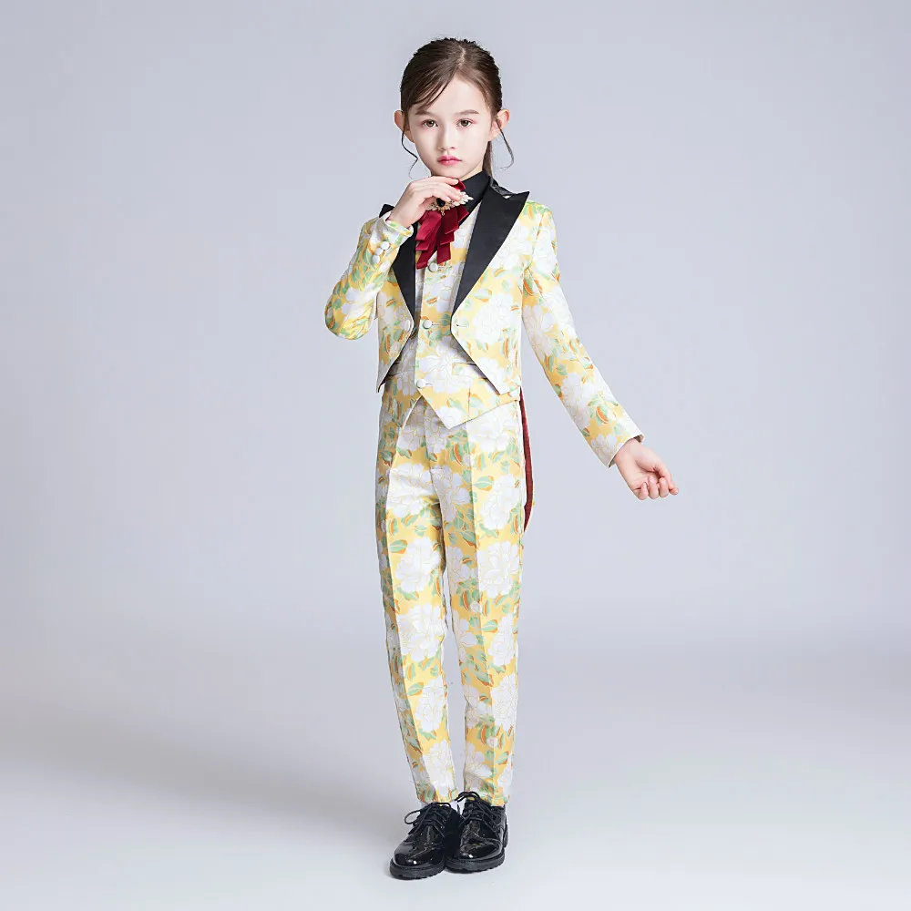 5PCS YuanLu, новые детские костюмы для девочек, смокинг, блейзер, верхняя одежда с ласточками для фортепиано, вечерние, с цветочным принтом - Цвет: 5PCS