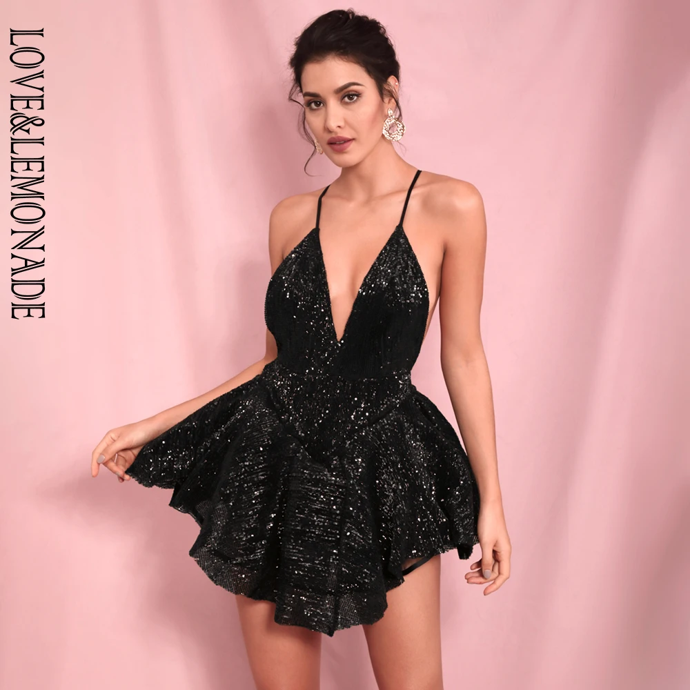 Женский костюм с блестками LOVE & LEMONADE пляжного типа глубоким V образным вырезом и