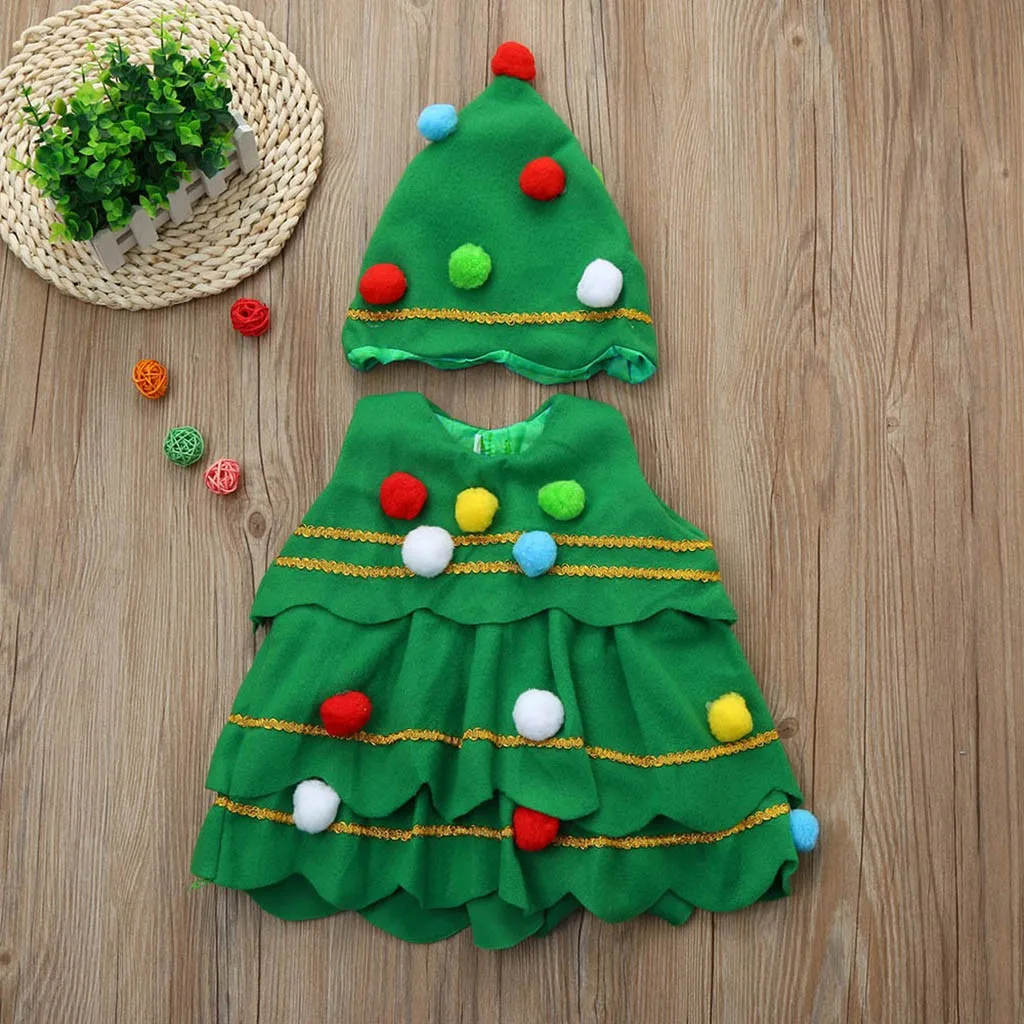 Рождественское представление, зеленое платье для девочки, детская Рождественская елка для костюма, платье, вечерние топы, жилет+ шляпа