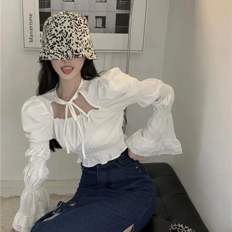 

New Style Bandage White Shirts Women Autumn Fashion Flared Sleeve Blouse Edible Tree Fungus Cropped Tops Female