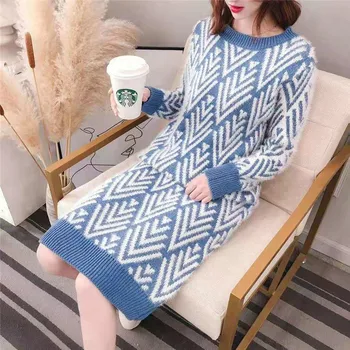

Women Simple Fashion Imitated Fur Knitted Sweater Dress Female Chic Geometric Pattern Casual Knit Long Sweater Dress Spring New