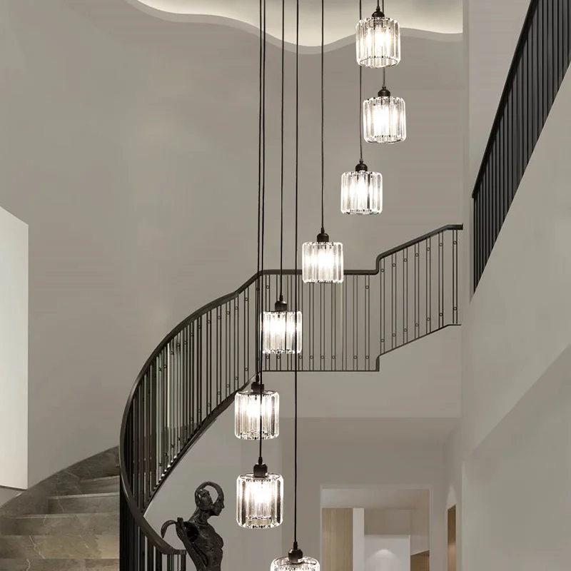 

Nordic Crystal Glass Luxury LED Pendant Lights Living Room Compound Building Long Fixtures Villa Stairway Simple Hanging Lamp