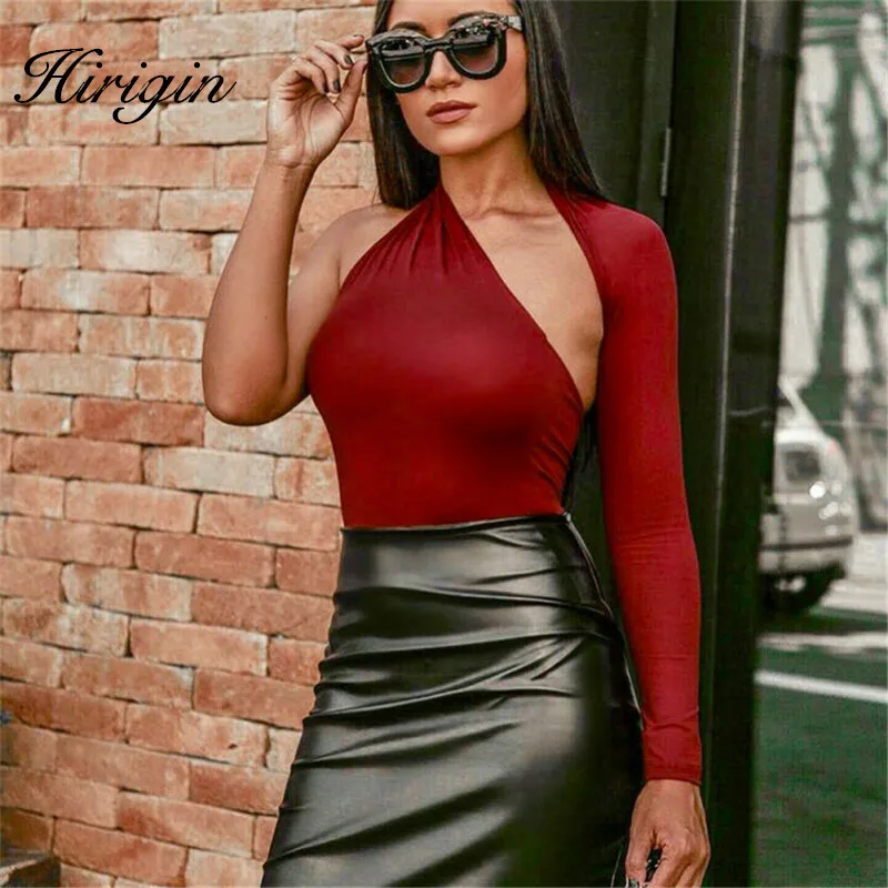 

2020 Autumn One Shoulder Women Bodysuit Skinny Irregular Neck Hollow Out Backless Body For Women Feminine Cloth