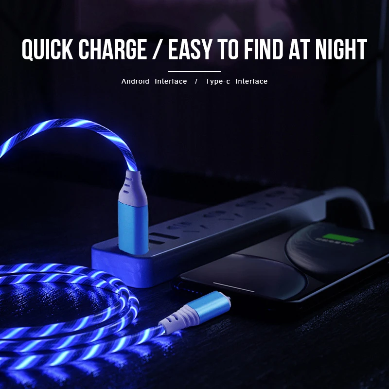 Светодиодный светящийся зарядный кабель USB Type C/Micro USB/8 Pin для iPhone X Samsung Galaxy S9