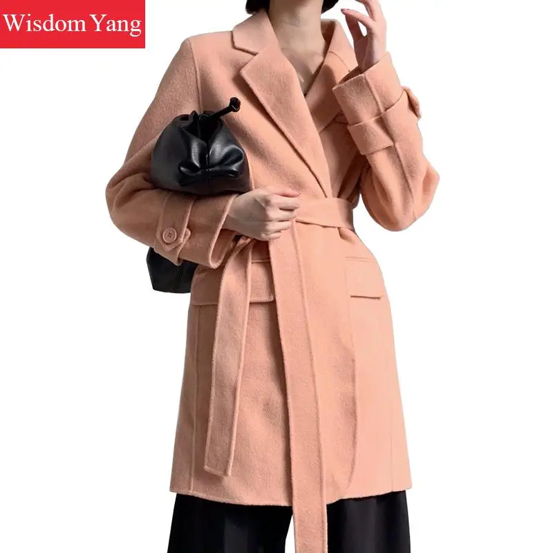 

Winter Wrap Coat Women Sheep Wool Fleece Grey Bodycon Loose Long Woolen Coat Yellow Clothes Outerwear Belt Overcoat Korean Coats