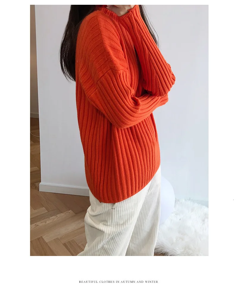 Mooirue, осень, Женский Повседневный джемпер, одежда с высоким воротом, вязаный свободный джемпер, женский, желтый, оранжевый свитер