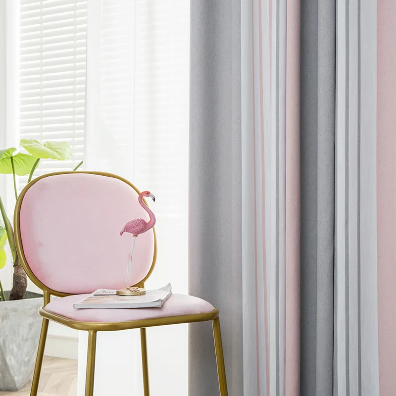 

Nordic Gray-pink Collision Striped Jacquard Shading Curtains for Living Dining Room Bedroom.