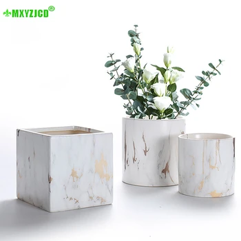 

Marble Pattern Ceramic Flower Pot Square Cylinder Creative Flower Pot Desktop Flower Arrangement Container Home Decoration