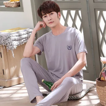 

Modal Men Pajamas Set 2PCS Sleepwear Casual Soft Nightwear Intimate Lingerie Gray Short Sleeve Plus Size Nightwear Pijamas Suit