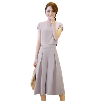 

Korean Wide Leg Pants Two Piece Suit Women Summer Solid Color High Waist Fashion Short Sleeve Top Capris Set Bow Belt Hot Sale