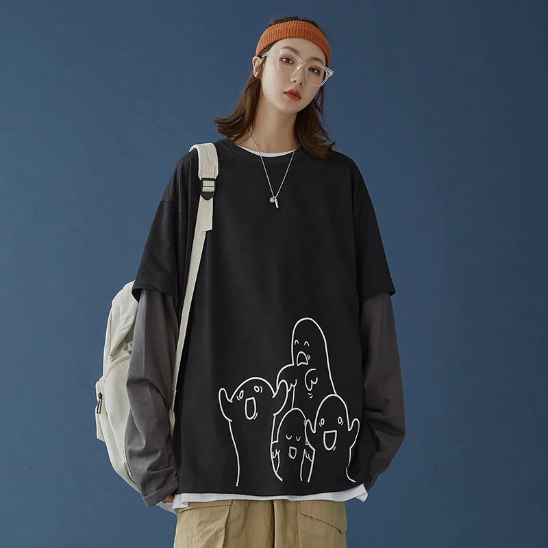 

Fashion Designer Womens False Two Sweatshirts and Funny Printed Crewneck Pullover Contrast Sleeve Streetwear Harajuku Clothes