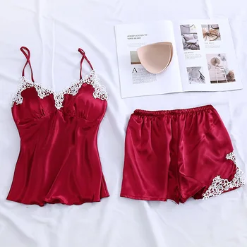 

Sexy Nightgown Set Womens Lace Pajamas Gown Nightdress Sleeveless Strap Top Short Pants Robe Suit Summer Lady Sleepwear Negligee