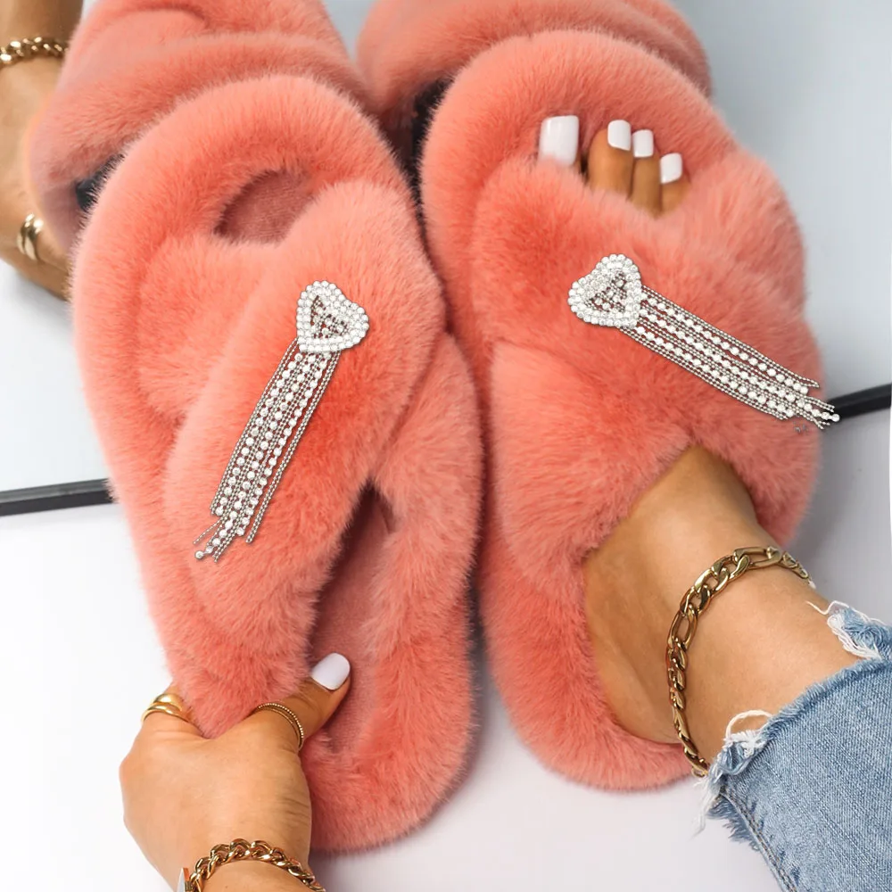 Women Sandals Female Furry Slippers Faux Fur Slides Full Diamond Love Knot Tassel Designer Slippers Ladies Fluffy Brand Shoes