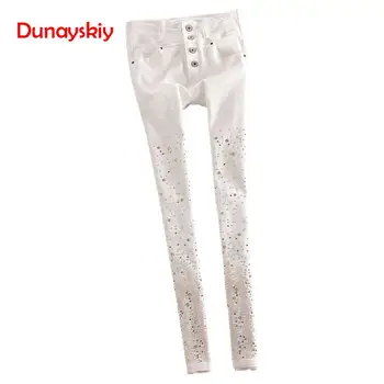 

New Cotton Jeans Women Rhinestone High Waist Single Breasted Denim Pants Feet Pencil Pants Plus Size 2020 New Elastic Fashion