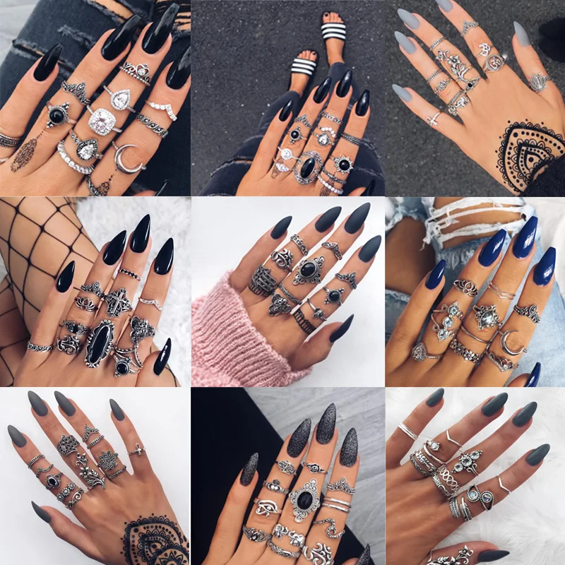ALYXUY Bohemian Antique Geometric Elephant Flower Rhinestone Knuckle Rings Multi-element Combination Retro Ring set Jewelry | Украшения и