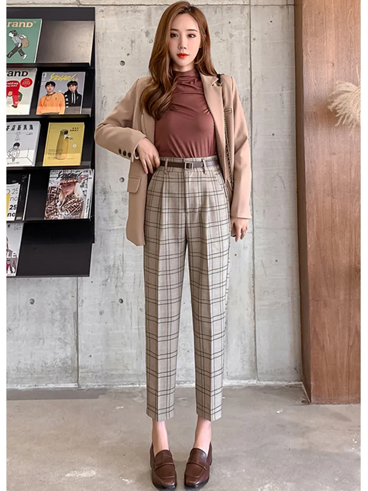 JUJULAND Stretchy Plaid Pencil Pants Women Casual Autumn Women Trousers Elastic Waist Tweed Slant Elegant 7232 - Цвет: Хаки