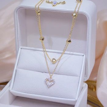Buy Online14k Real Gold Double layer Heart Necklace Shining Bling AAA Zircon Women Clavicle Chain Elegant Charm Wedding Pendant Jewelry.