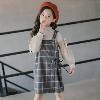 

2019 new wholesale girls 2 pcs set ruffles sweatshirt+plaid woolen dress fashion auutmn winter girls suit 4-9t C241