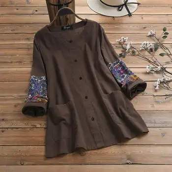 

Cotton Ethnic Print Patchwork Shirts 2020 Vintage Women's Blouses Spring Summer Casual Tops Plus Size Buttons Down Tunic 5XL 7