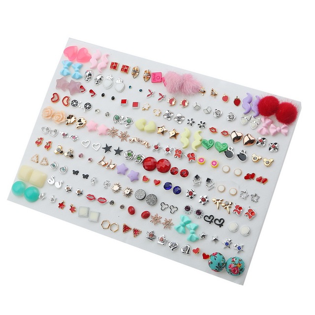 Colorful Fruit Flower Heart Star Crystal Stud Earrings Set Women Girls Small Plastic Geometric Crown Earrings Jewelry