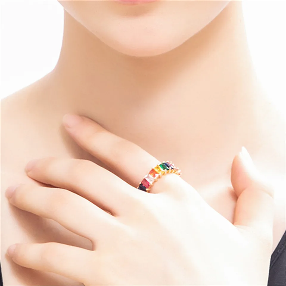 Тонкое кольцо золотистого цвета, линия Micro pave cz Eternity, 9 цветов, стек, цветной кристалл, радуга, кубическое женское циркониевое кольцо, FUYA-R-19017