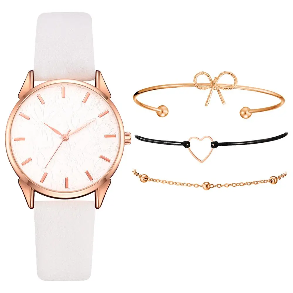 Новые женские часы 4 шт. Набор браслетов с принтом женские часы-браслет повседневные кожаные кварцевые наручные часы подарок Relogio Feminino - Цвет: White Set