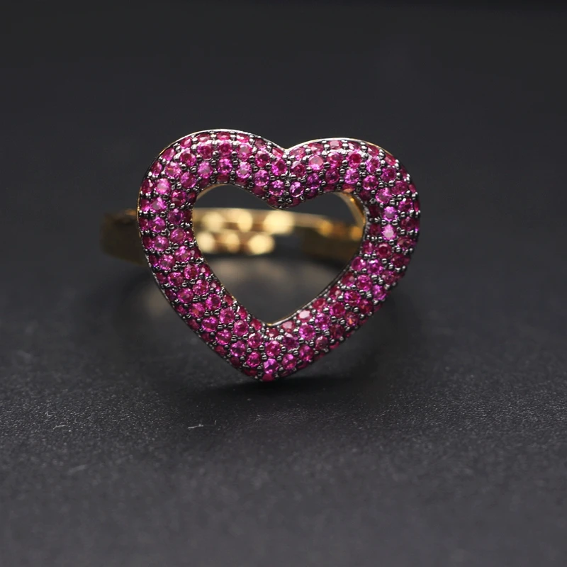 Luxury Heart Shape Finger Ring For Women Paved Micro Multicolor Zirconia Gold color Adjustable Open Finger Rings Wedding Jewelry