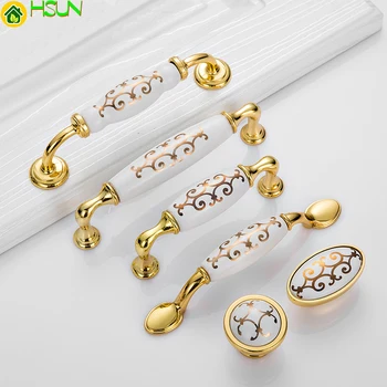 

1 PC Antique Zinc Alloy and ceramics furniture ceramics golden handles Kitchen Drawer Wardrobe dresser Pull With Screw Furnitur