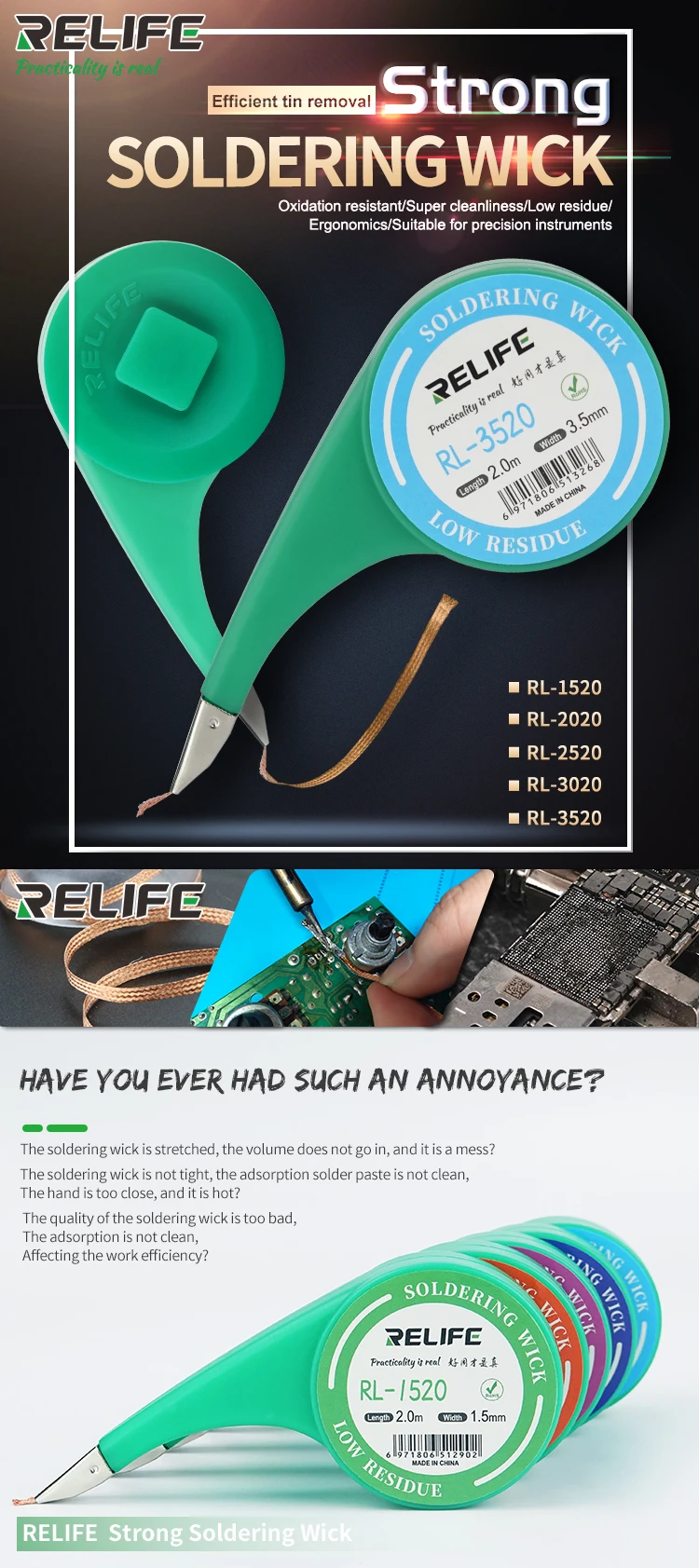 lead free solder paste RELIFE Anti-scalding Nozzle Soldering Wick Wires 1.5-3.5mm Width Desoldering Precision Tin Strip Remover Wire for PCB Tin Wire copper welding rod