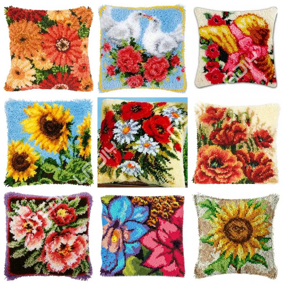 Latch Hook Poppy With Daisy Cushion Cover Pre Printed Color Canvas