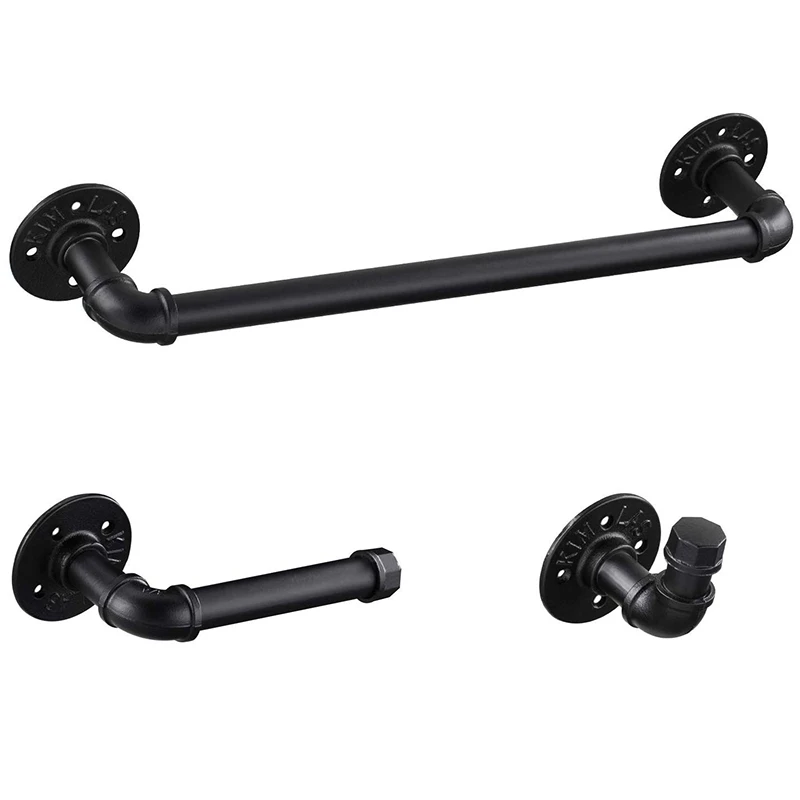 

Industrial Pipe Bathroom Hardware Fixture Set Heavy Duty DIY Wall Mount Accessories Kit Includes Robe Hook, 19 Inch Towel Bar an