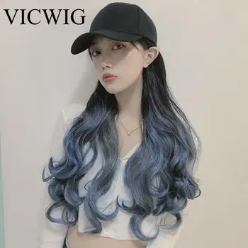 

Women's Hat Wig One Peak Cap Haze Blue Large Wavy Long Hair Wig Synthetic Hair Dark Brown Black Curly Wig